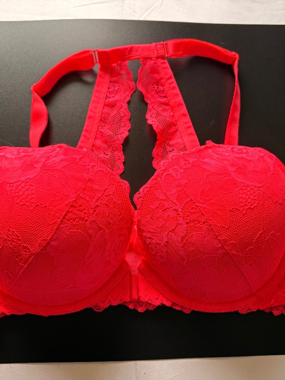 Torrid XO Plunge Push-Up Front-Close Bra Red Lace Racerback Size 42C